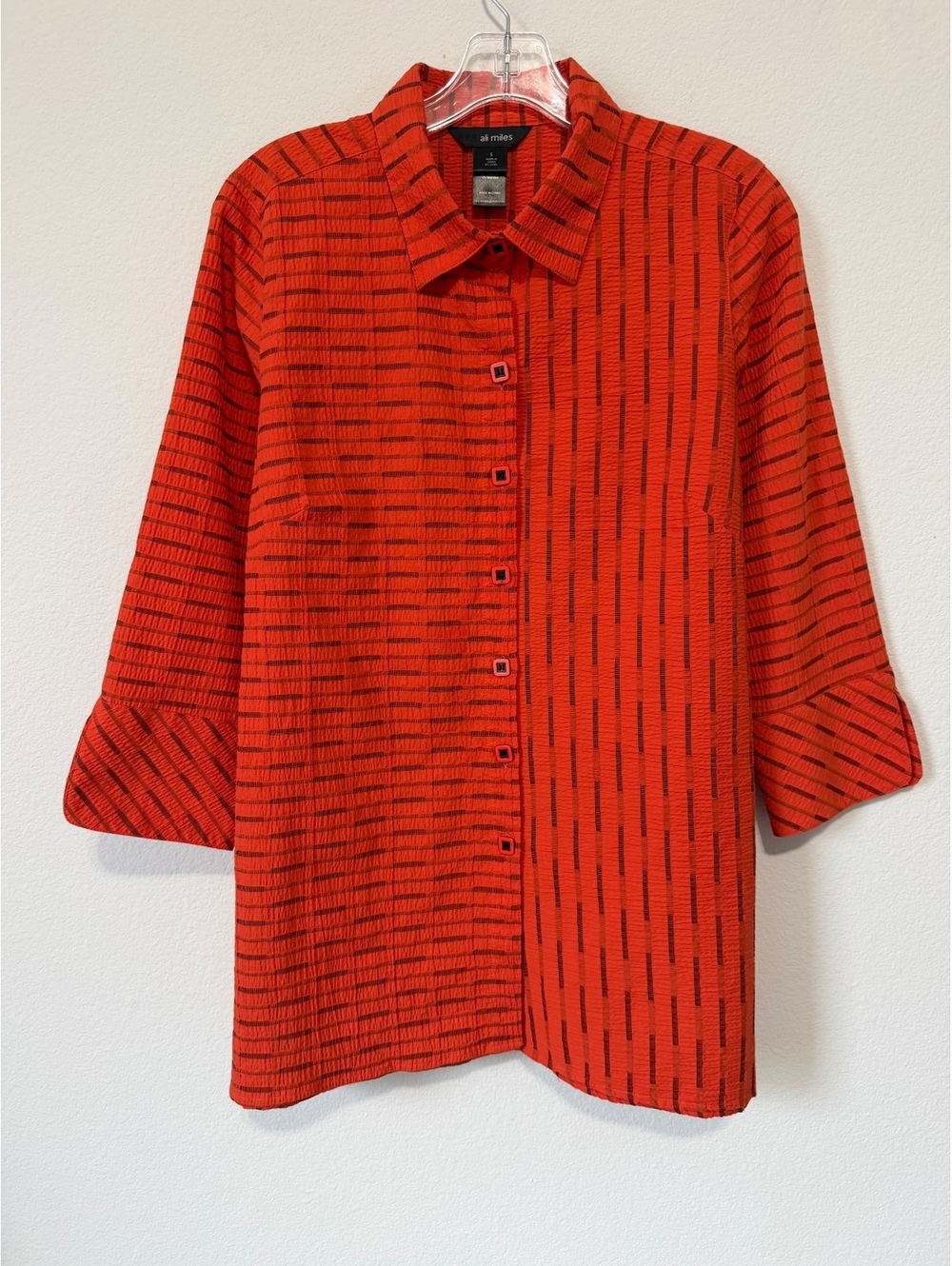 Ali Miles 3/4 Sleeve Button Up Collared Textured Striped Blouse Women's Size S